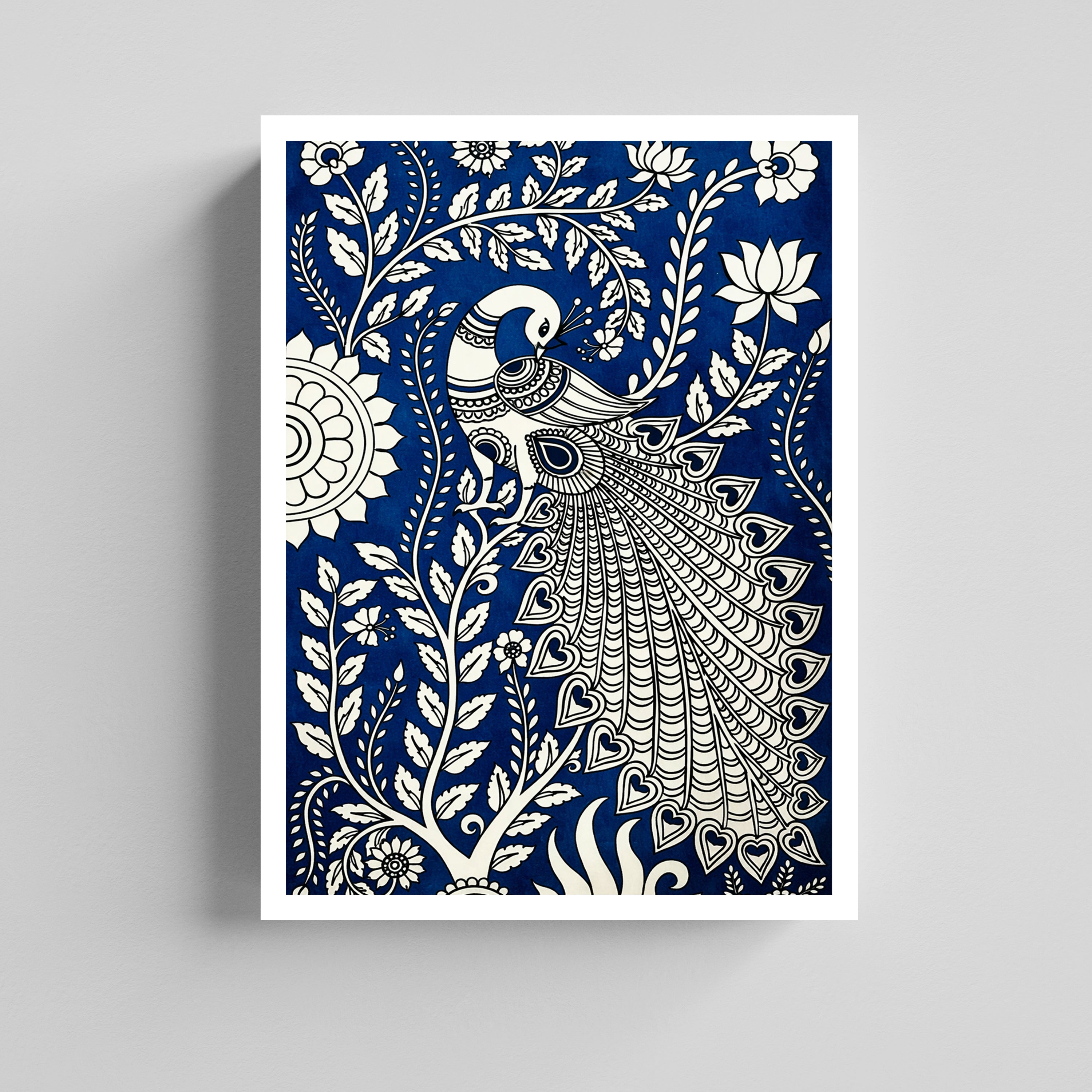 Peacock Royal Blue Traditional Indian Folk  Kalamkari Art Canvas Painting