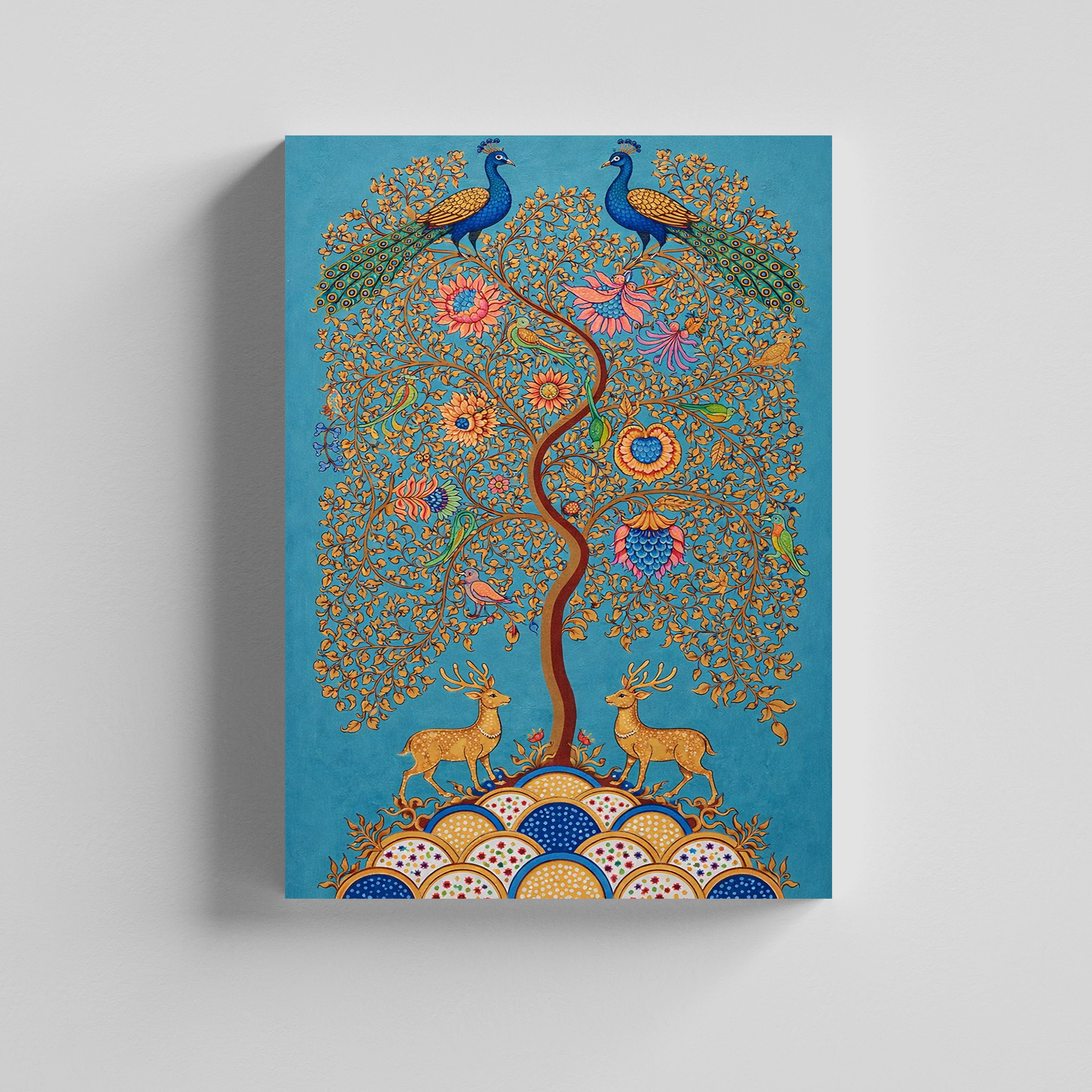 Tree of Life with Peacocks & Deer Kalamkari Art Canvas Painting