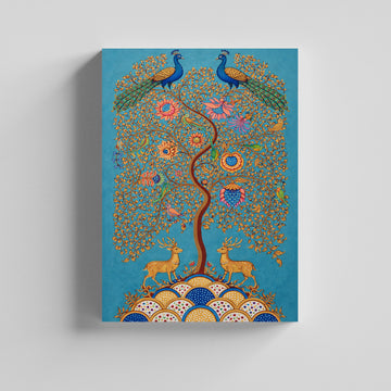 Tree of Life with Peacocks & Deer Kalamkari Art Canvas Painting