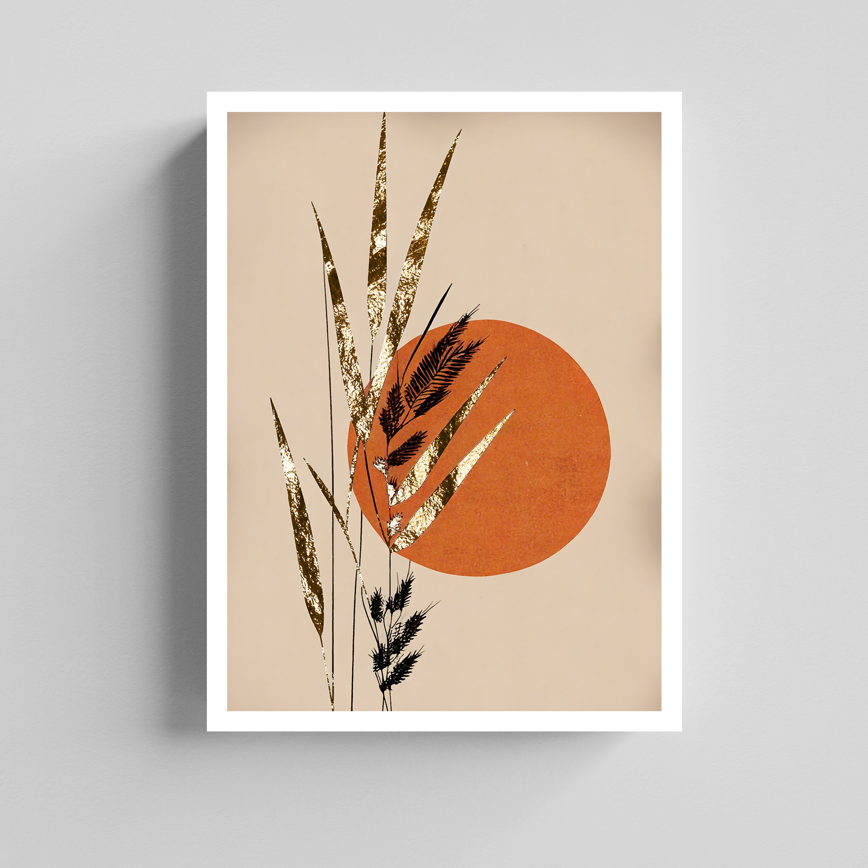 Golden Leaf Canvas with Terracotta Sun  Painting Canvas Boho Art