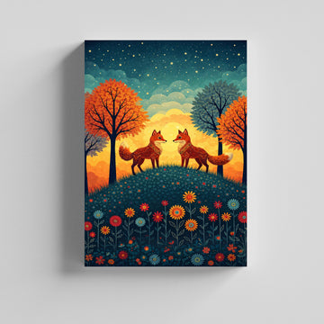 Whimsical Folk Art Forest Illustration Canvas Painting for Living Room