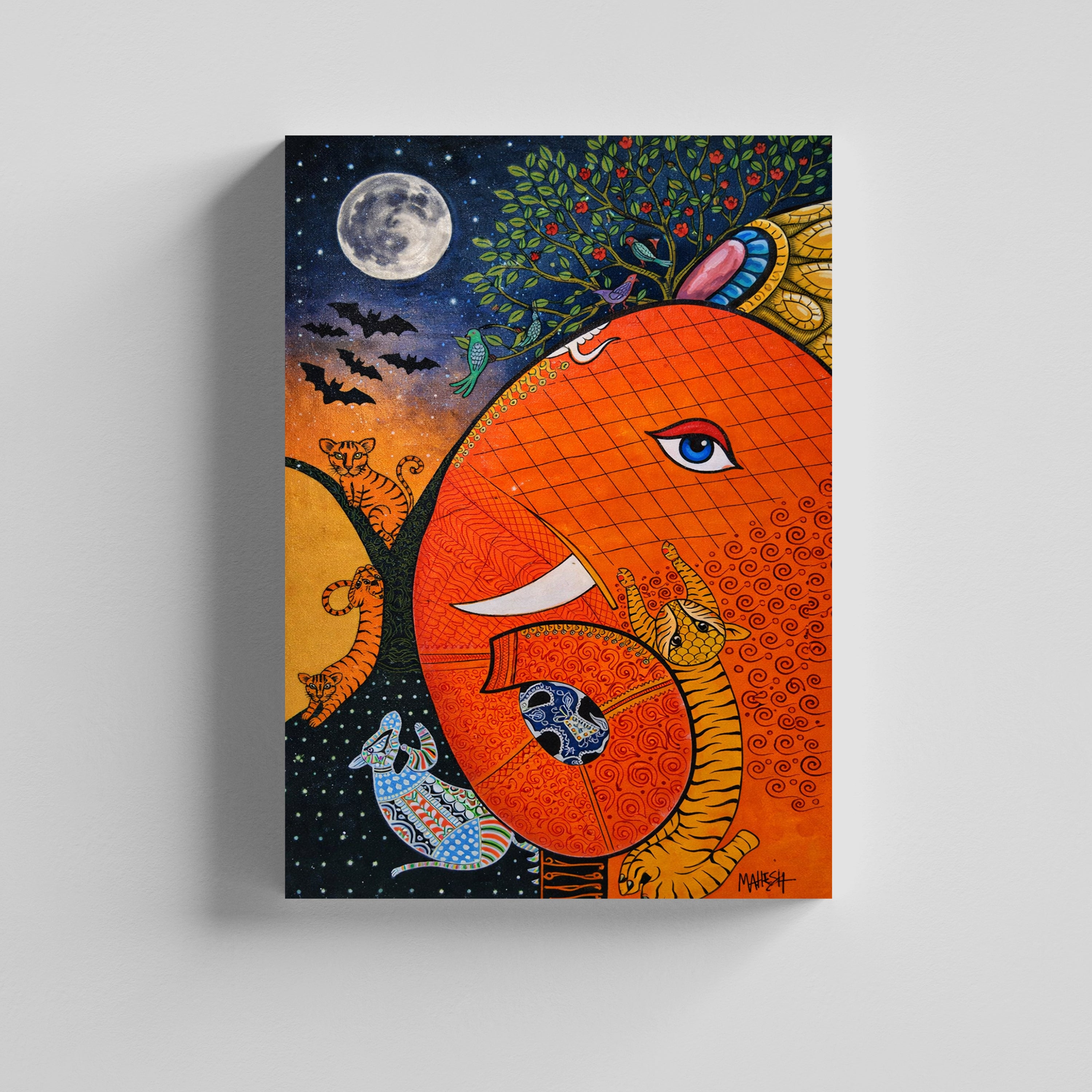 Vibrant Folk Art Wildlife Illustration Canvas Painting for Living Room