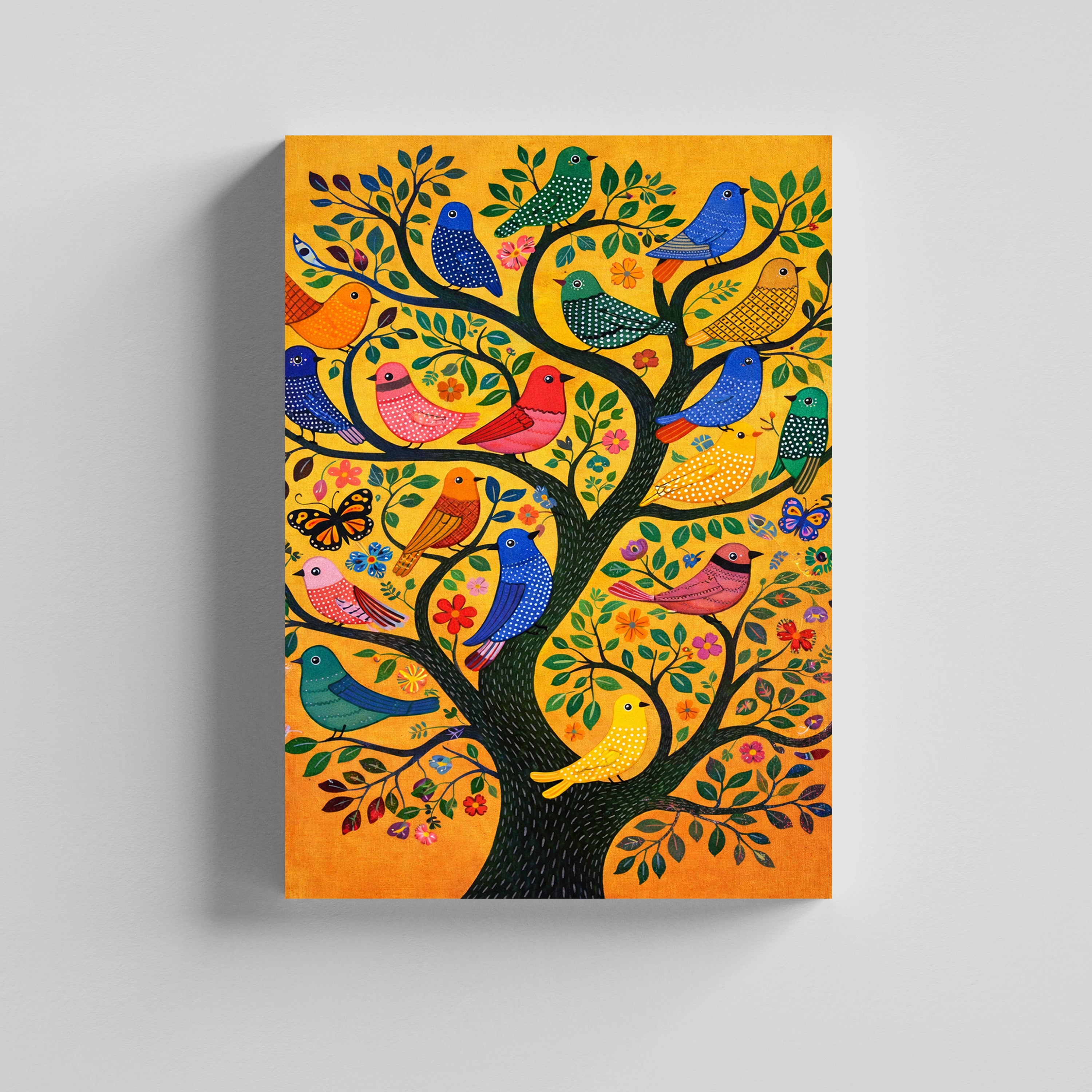 Birds on Tree Folk Art Canvas Painting for Living Room