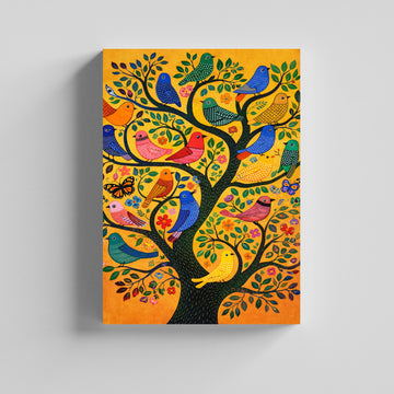 Birds on Tree Folk Art Canvas Painting for Living Room