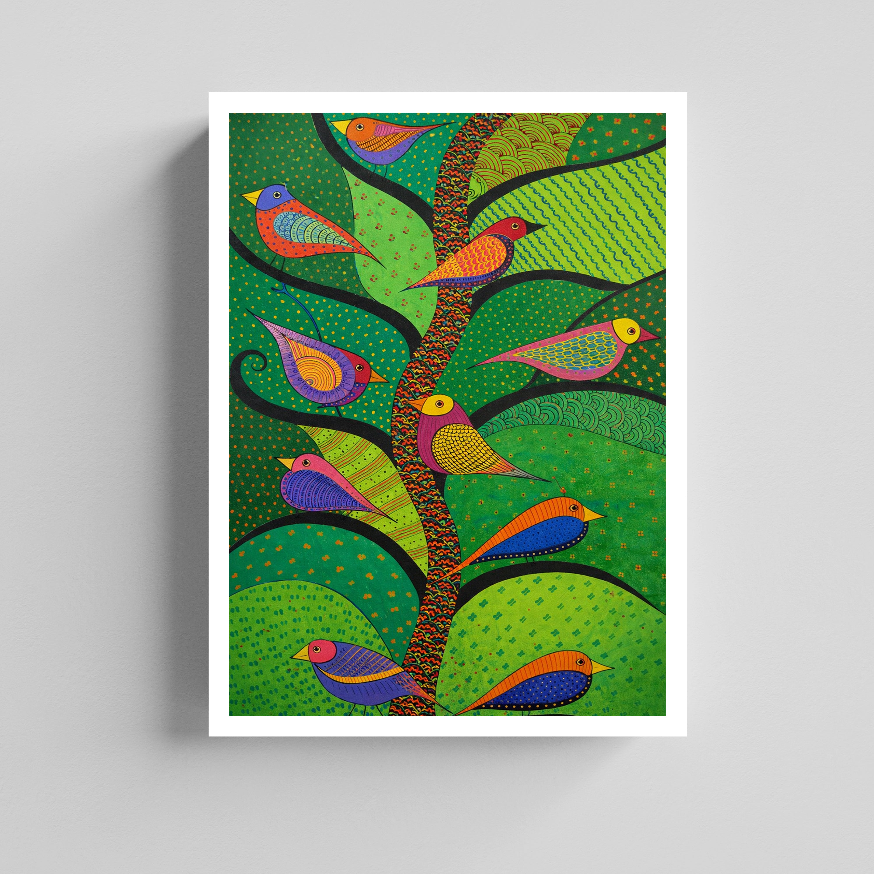 Birds on Tree  Folk Art Canvas Artwork for Living Room