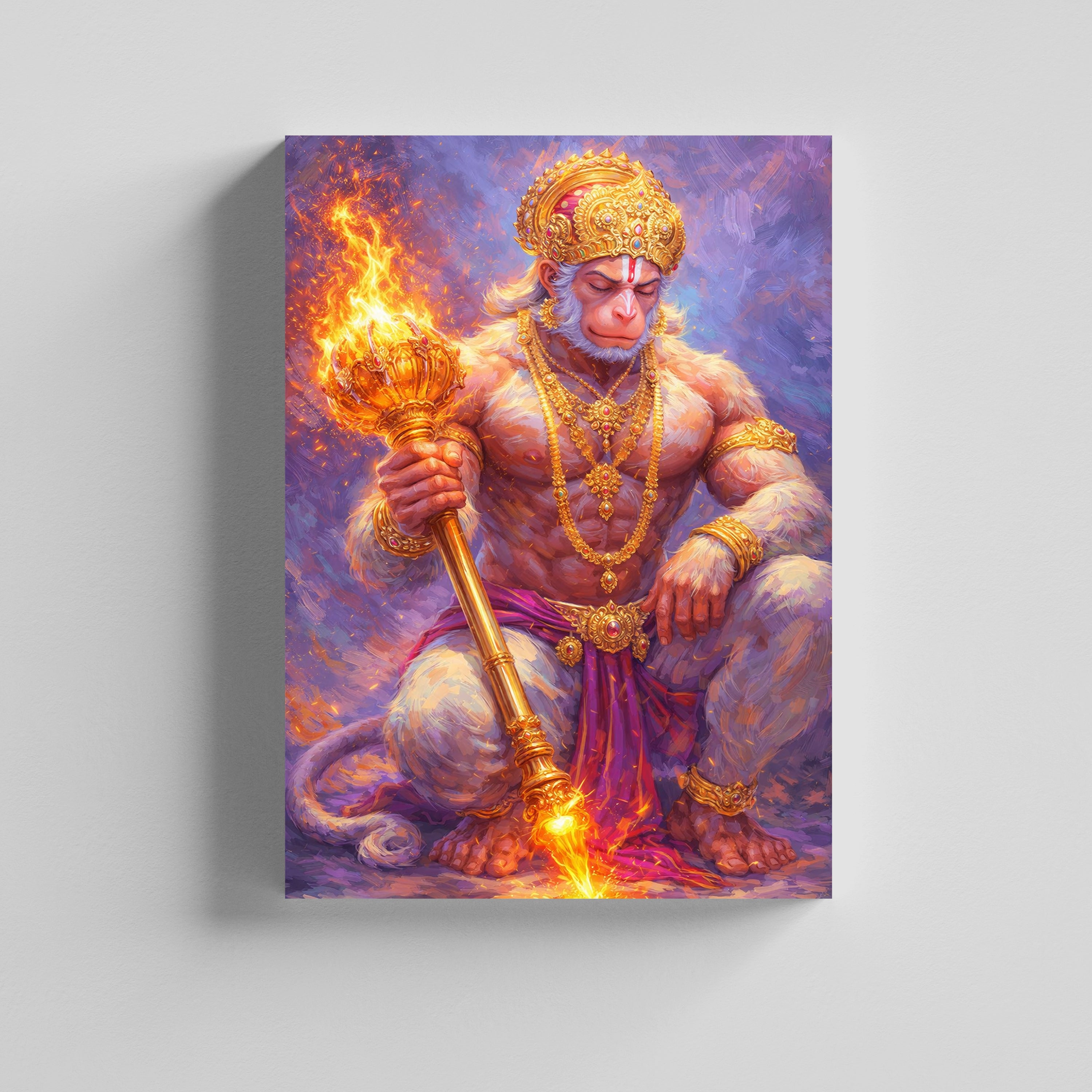 DivINe Lord Hanuman with FlamINg Gada Canvas Painting