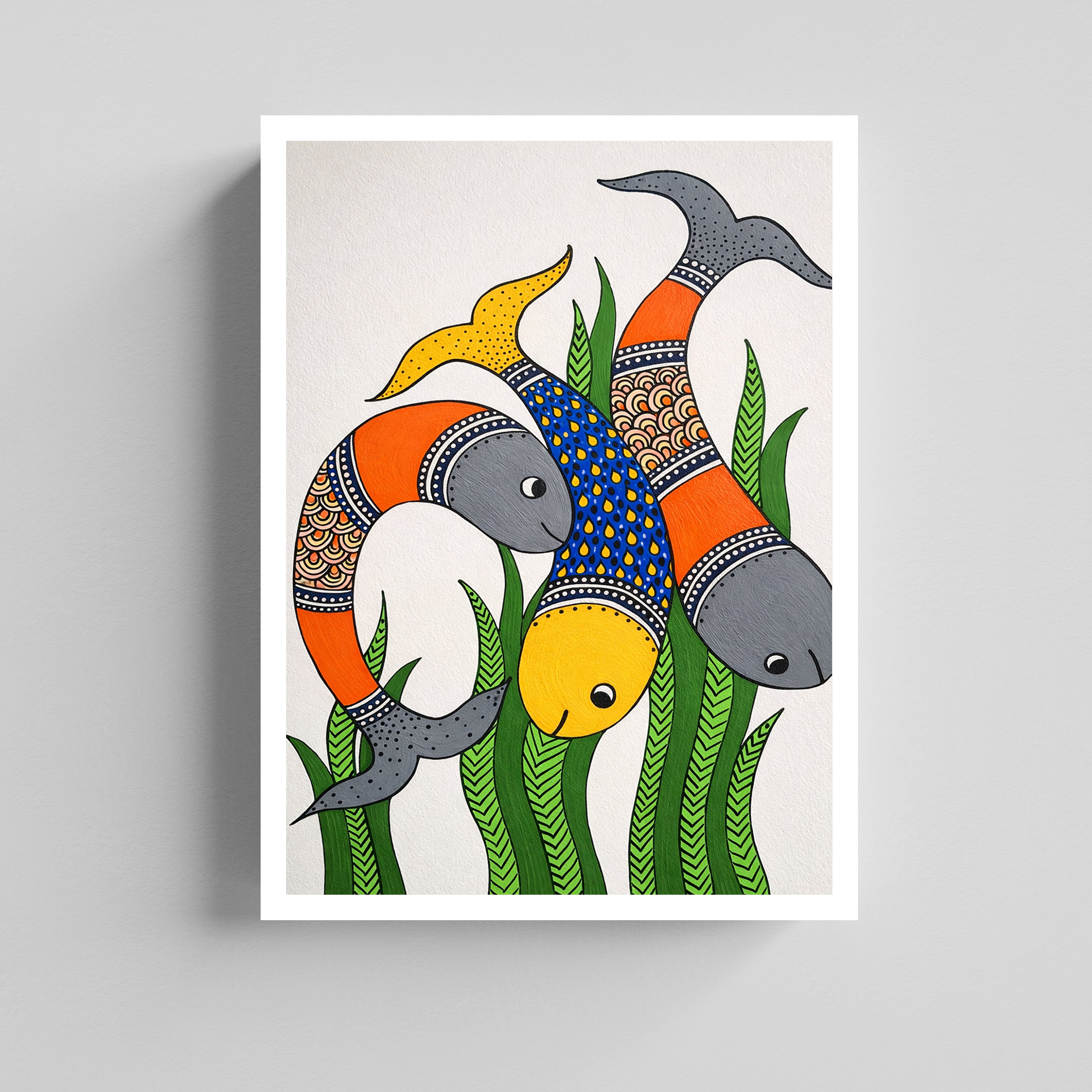 Colorful Folk Art Fish Illustration Canvas Painting for Living Room