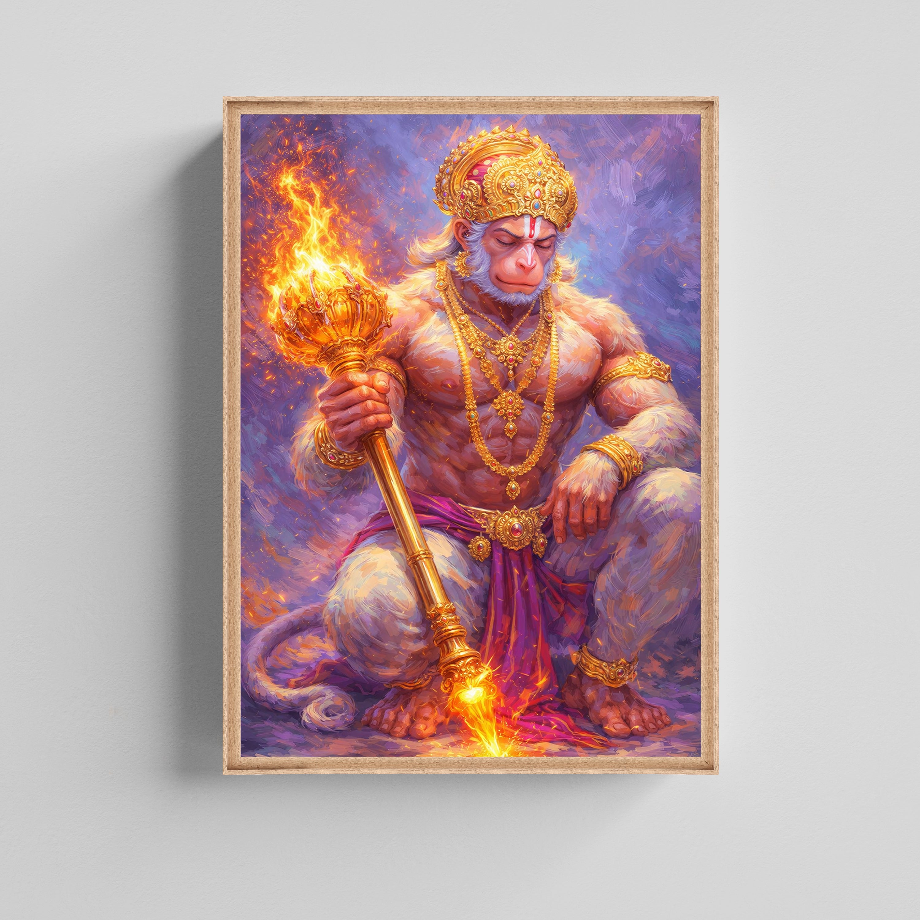 DivINe Lord Hanuman with FlamINg Gada Canvas Painting