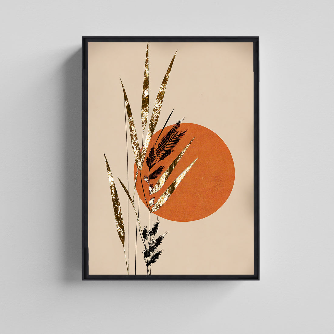 Golden Leaf Canvas with Terracotta Sun  Painting Canvas Boho Art