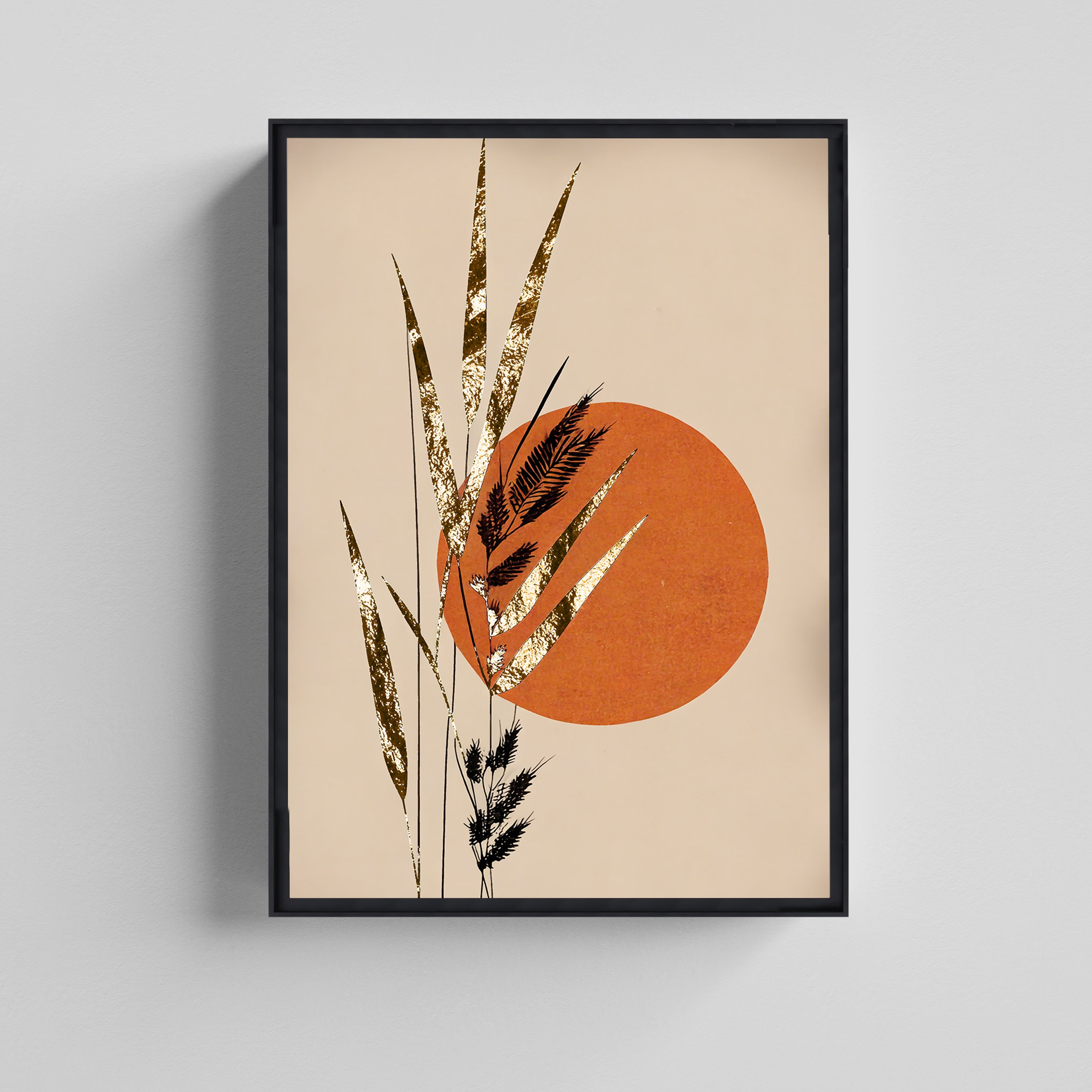 Golden Leaf Canvas with Terracotta Sun  Painting Canvas Boho Art