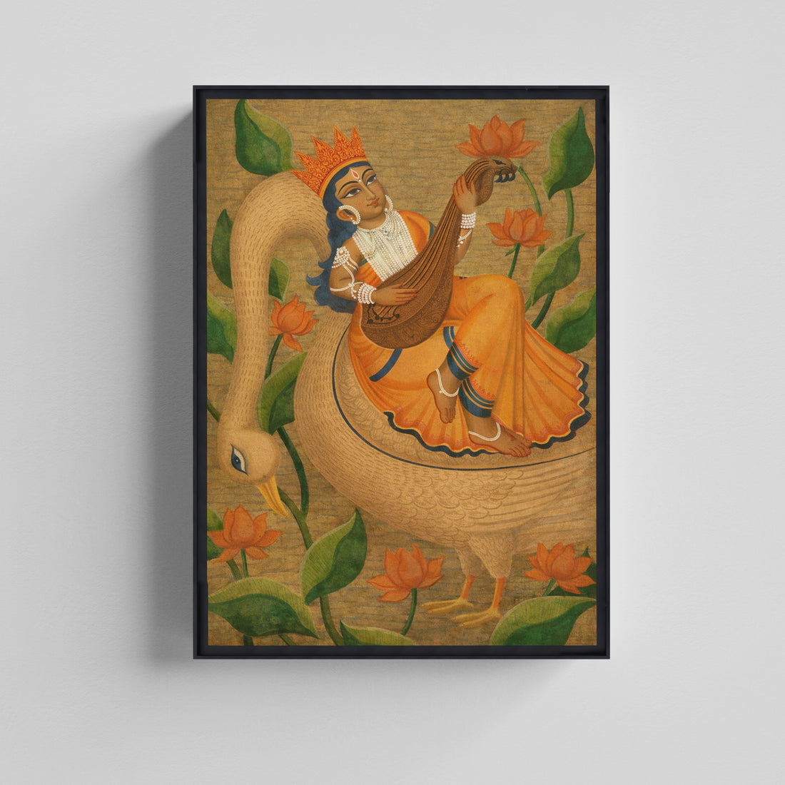 Goddess Saraswati on Hamsa  INdian Kalighat Art Canvas Painting