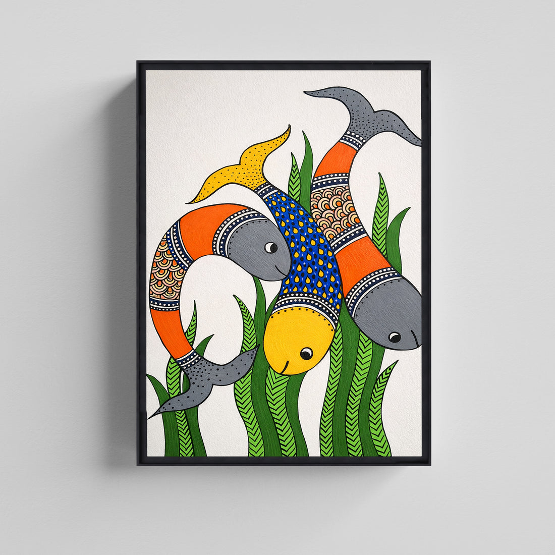 Colorful Folk Art Fish Illustration Canvas Painting for Living Room