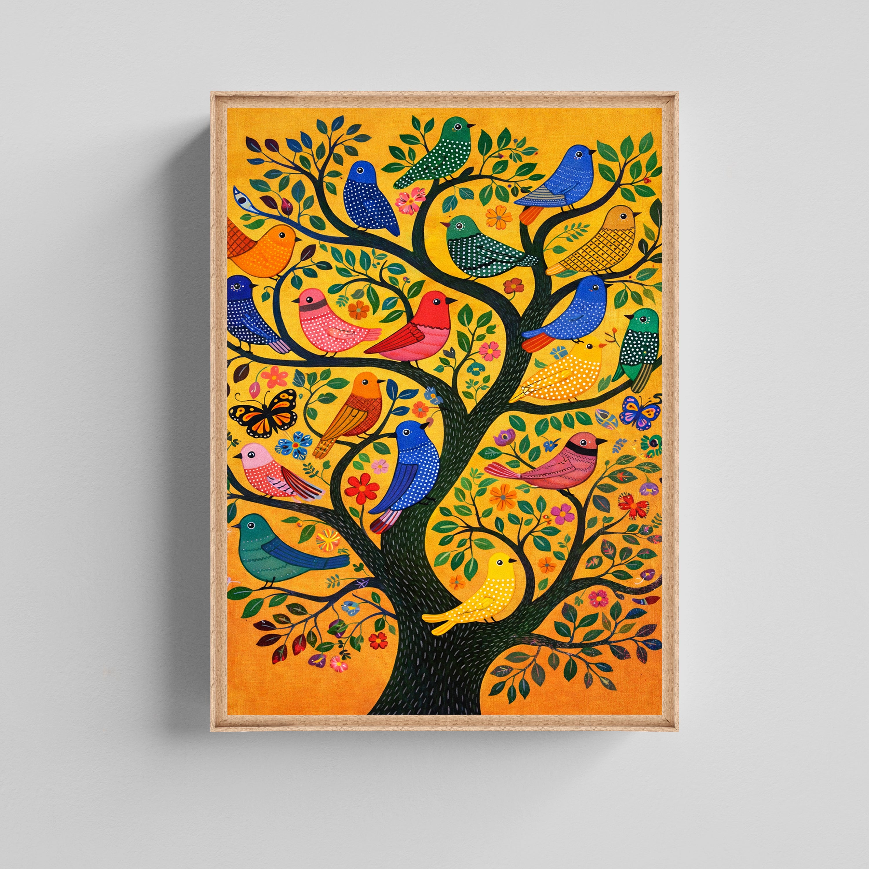 Birds on Tree Folk Art Canvas Painting for Living Room