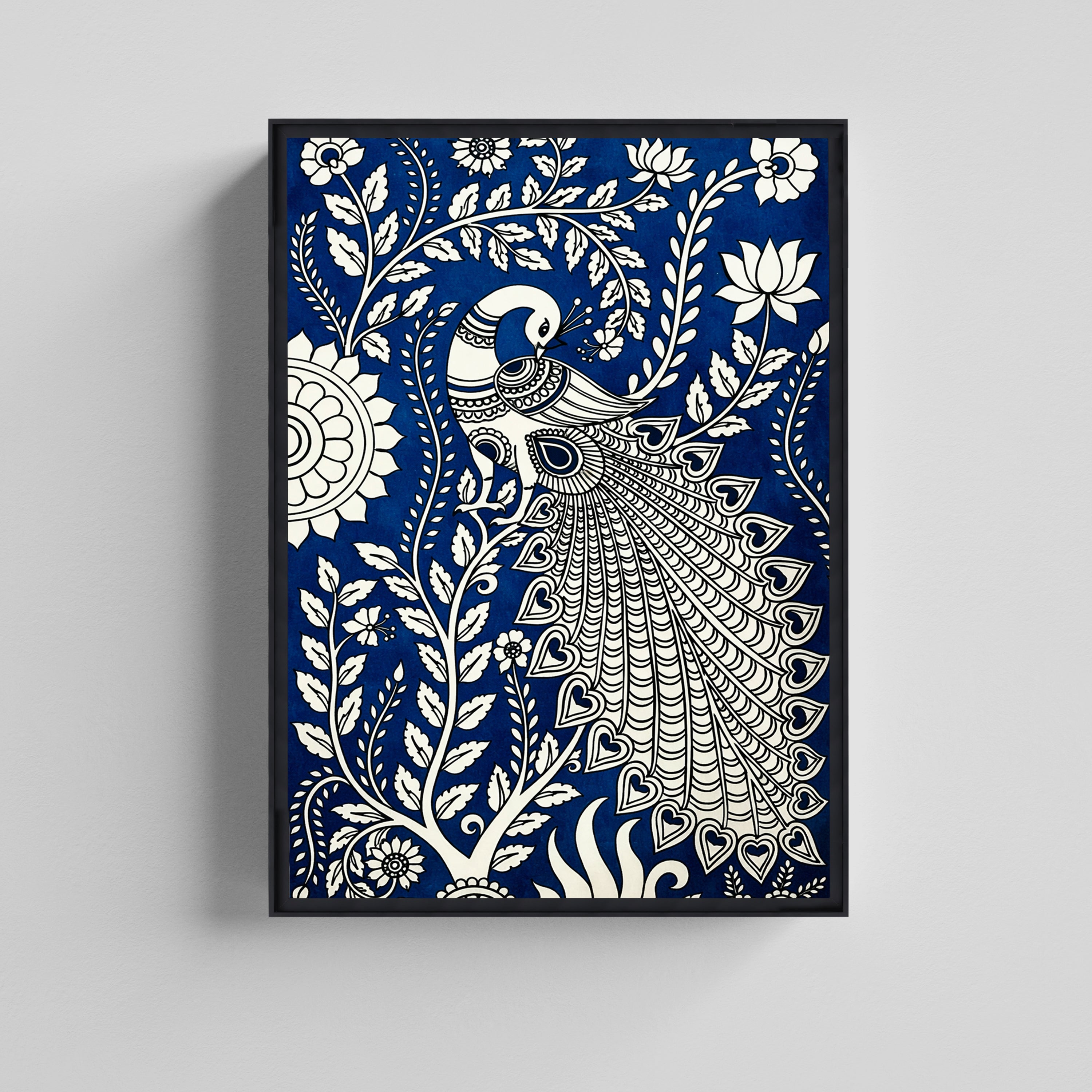 Peacock Royal Blue Traditional Indian Folk  Kalamkari Art Canvas Painting