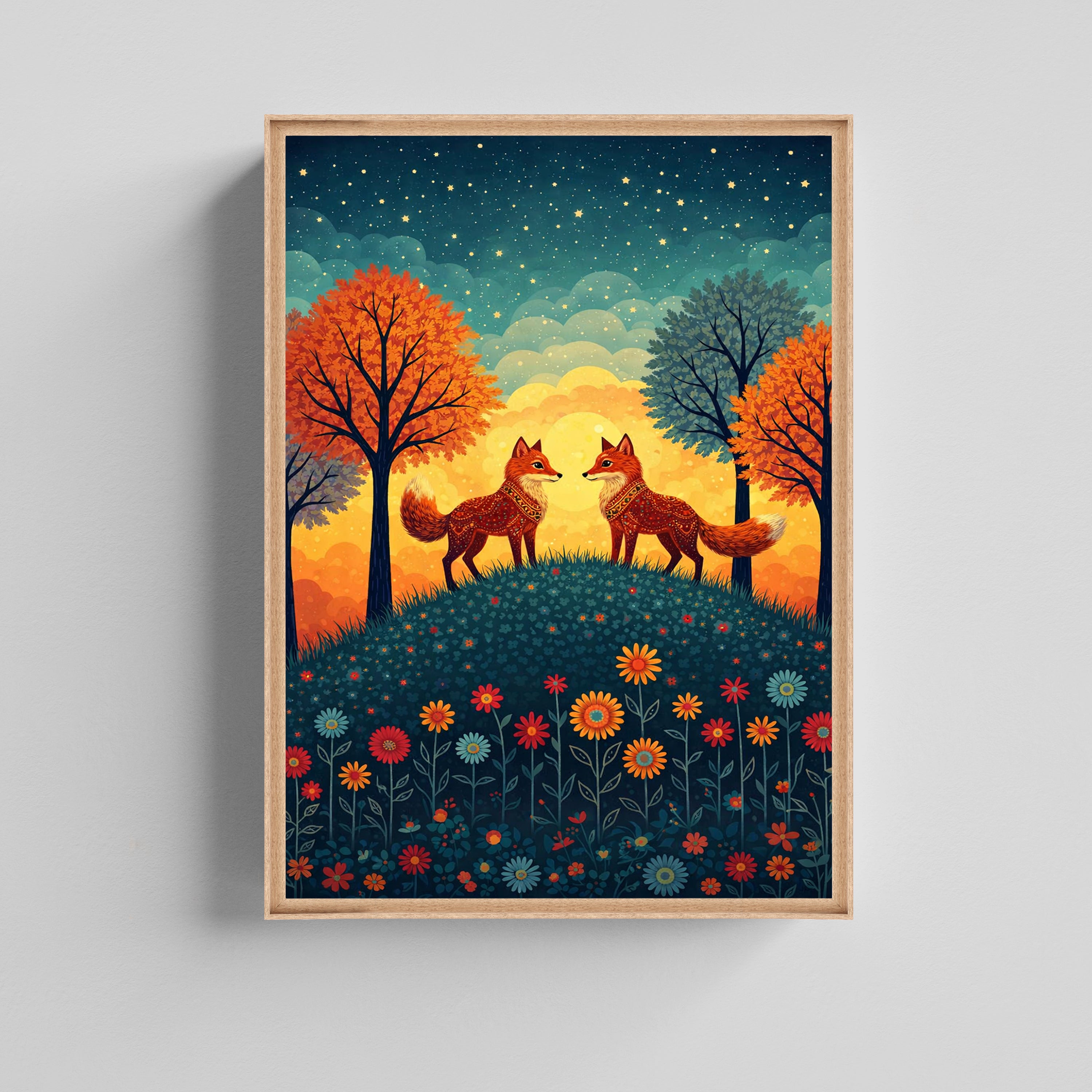 Whimsical Folk Art Forest Illustration Canvas Painting for Living Room
