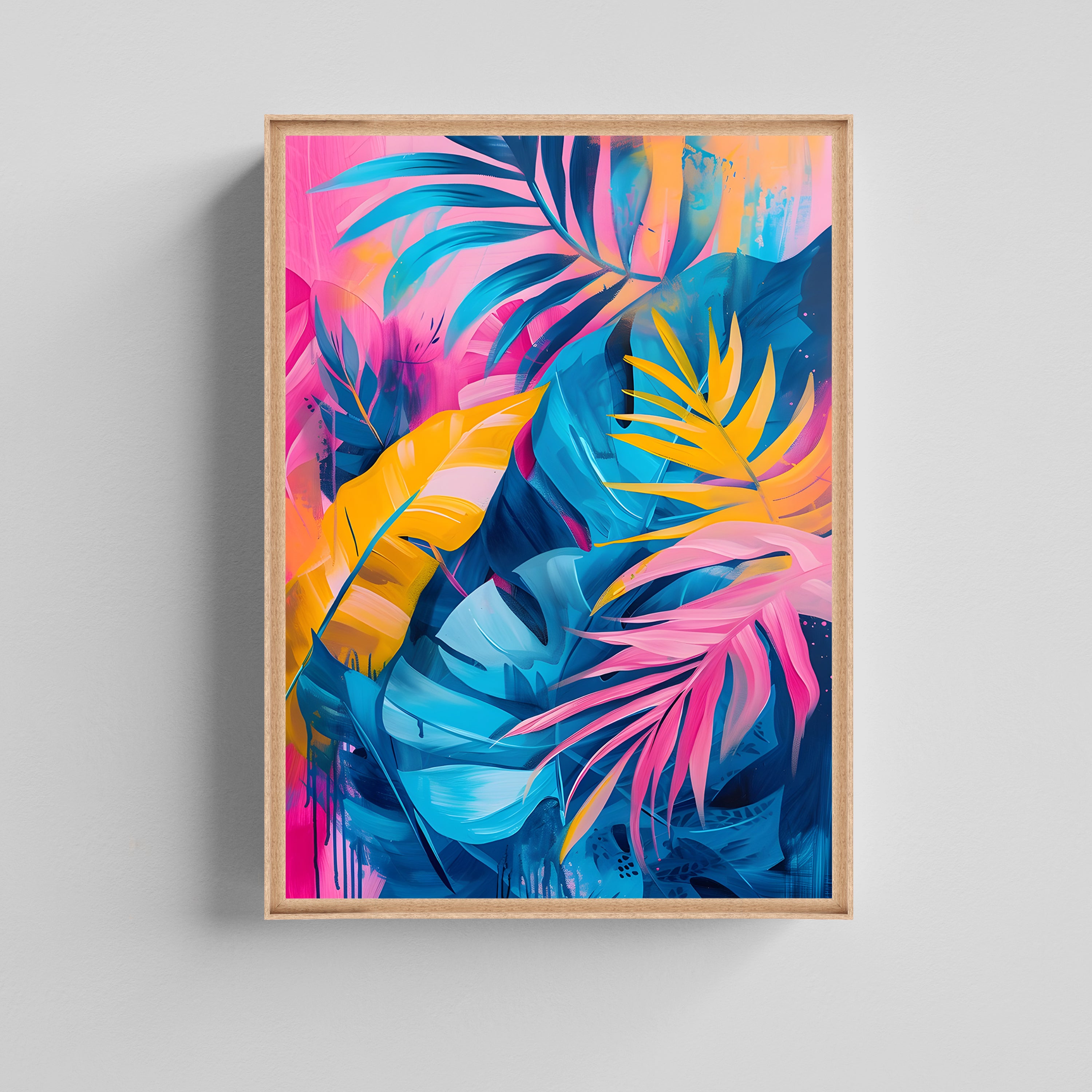 Neon Tropical Leaf Floral Art Canvas Painting