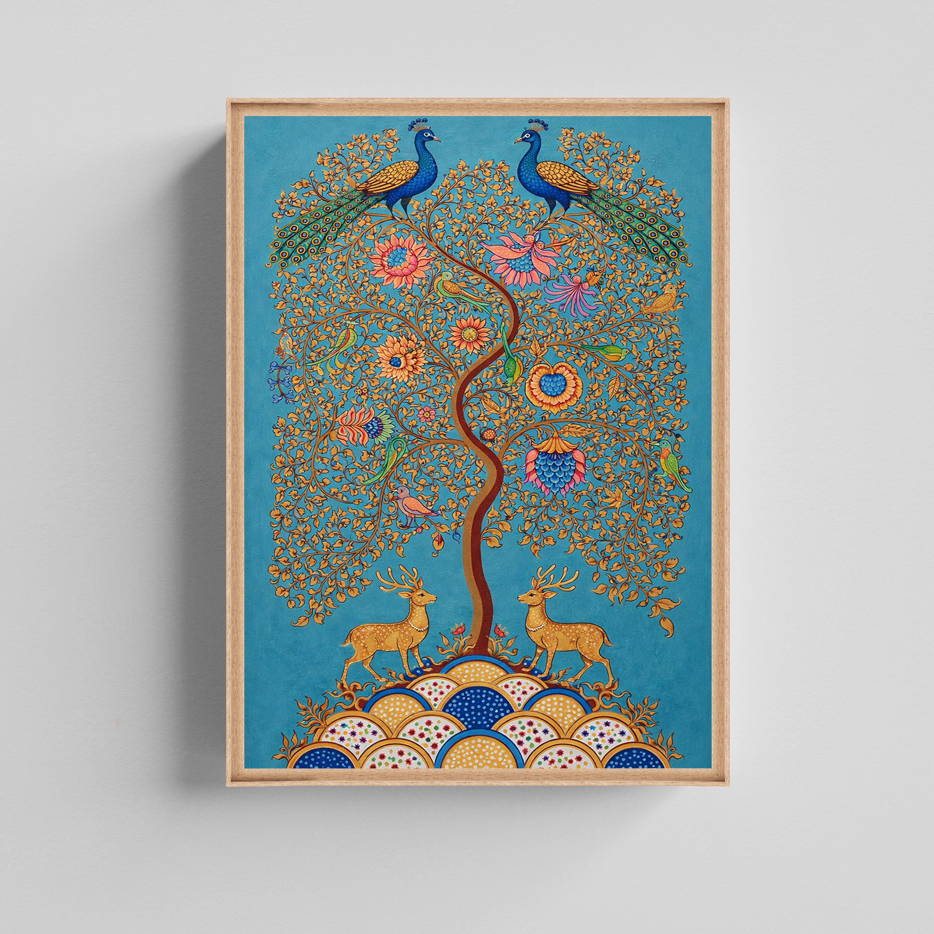 Tree of Life with Peacocks & Deer Kalamkari Art Canvas Painting