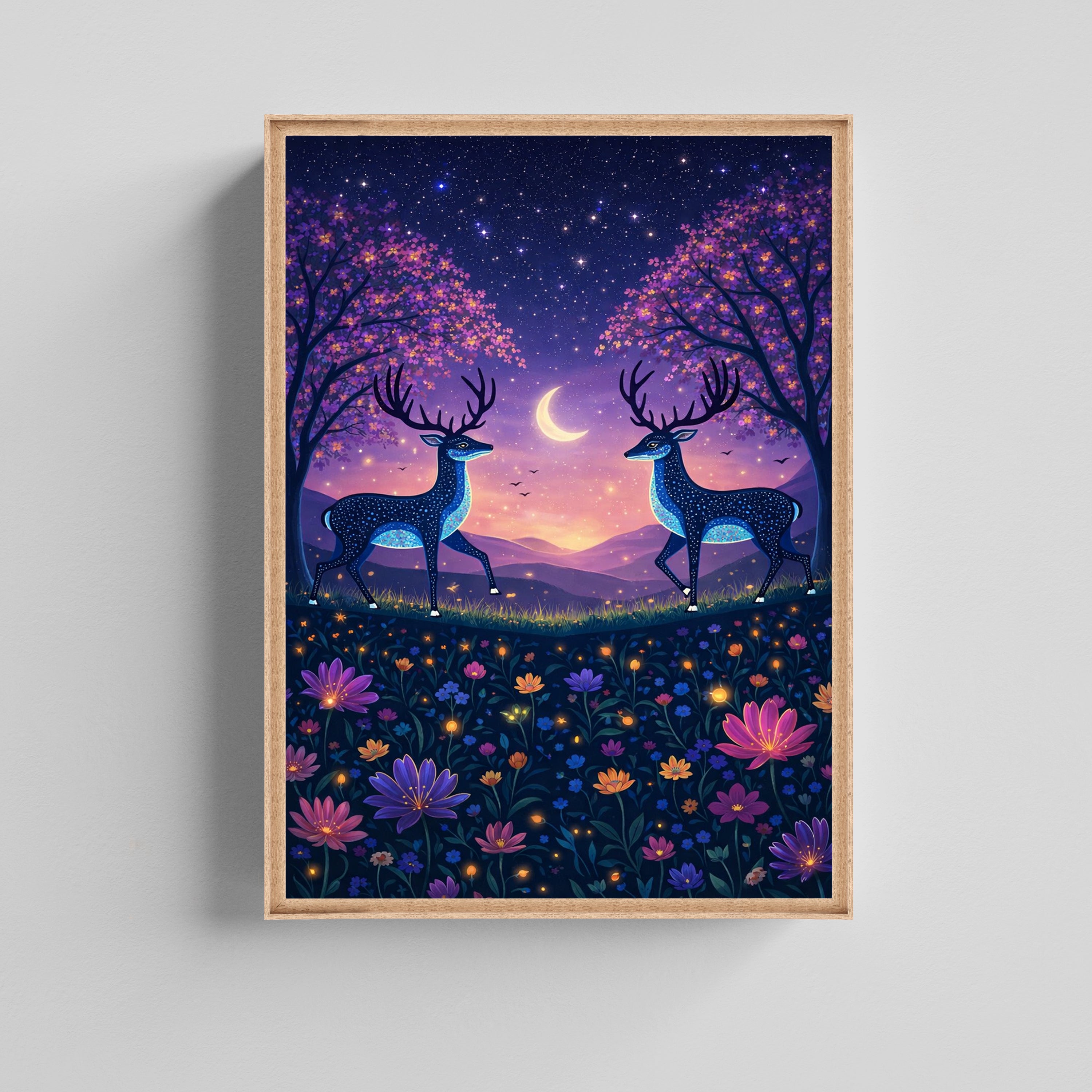 Moonlit Deer Fantasy Art Canvas Painting for Living Room