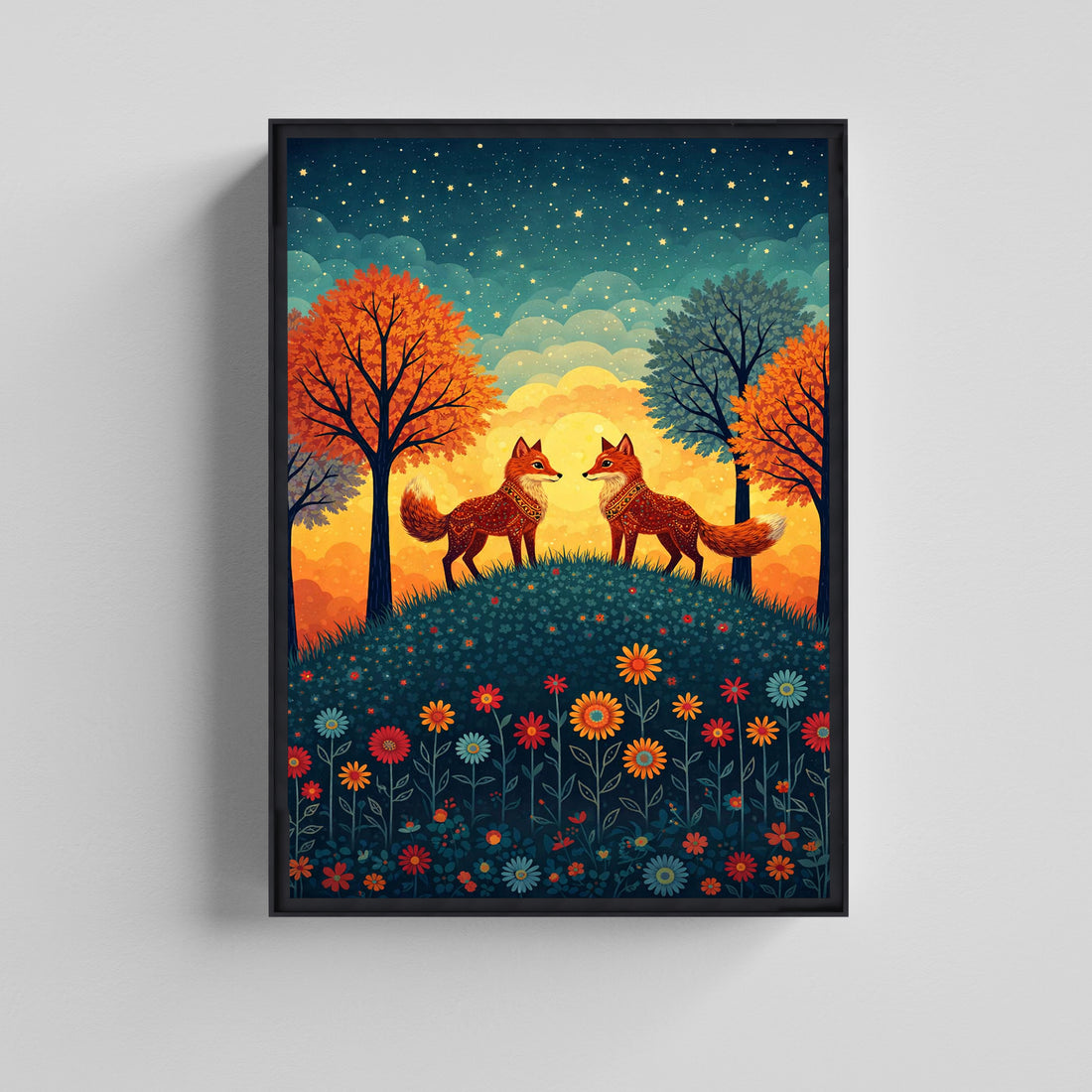 Whimsical Folk Art Forest Illustration Canvas Painting for Living Room