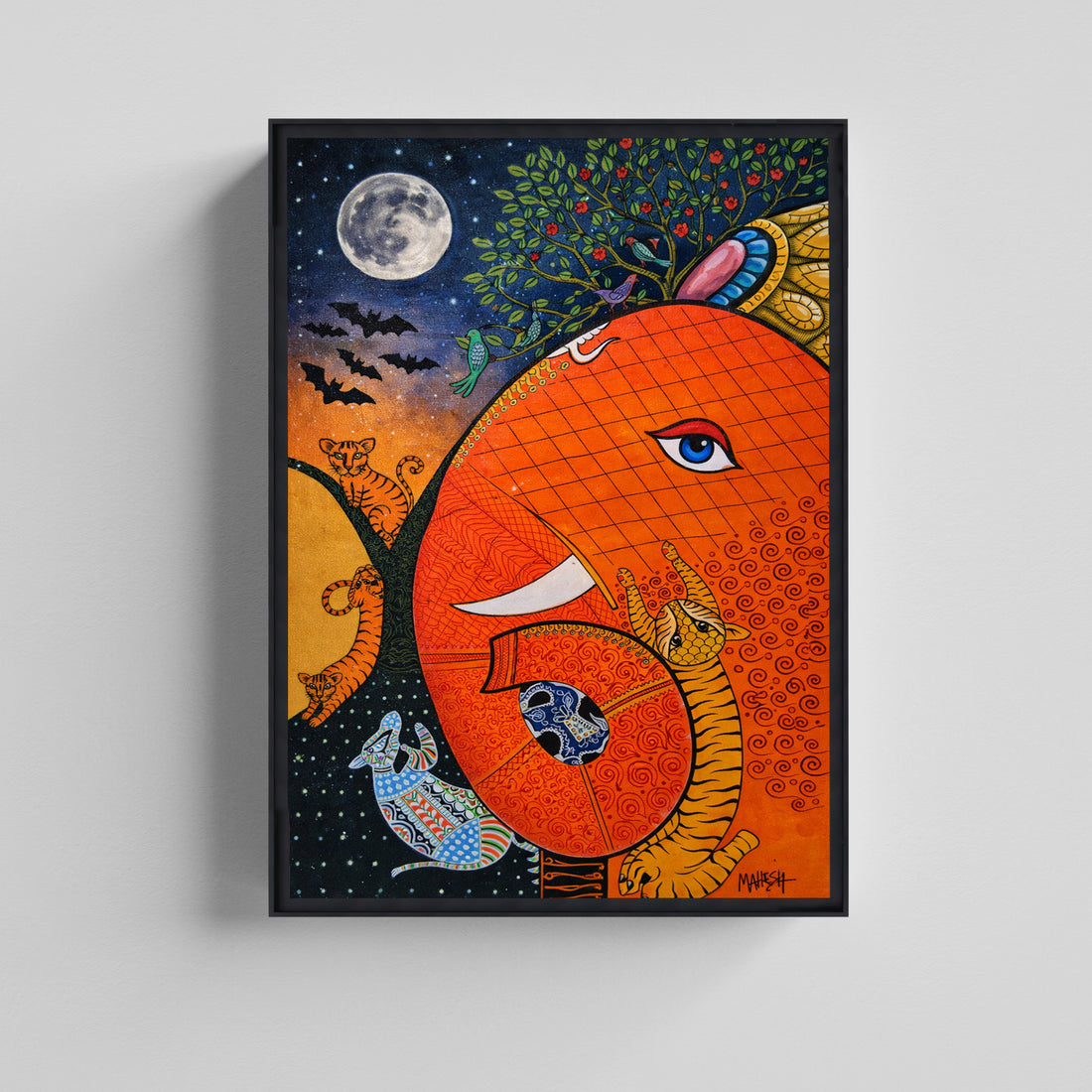Vibrant Folk Art Wildlife Illustration Canvas Painting for Living Room