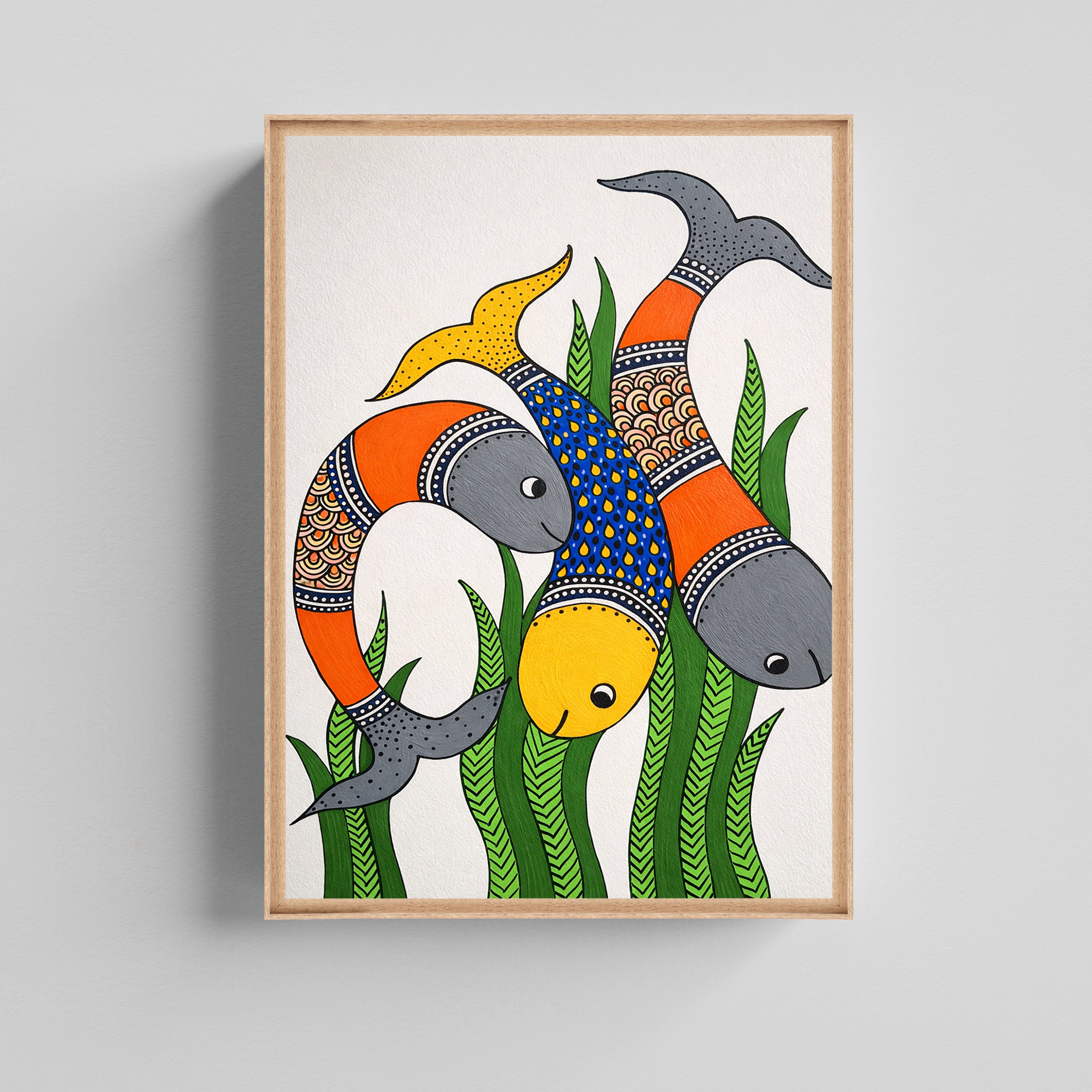 Colorful Folk Art Fish Illustration Canvas Painting for Living Room