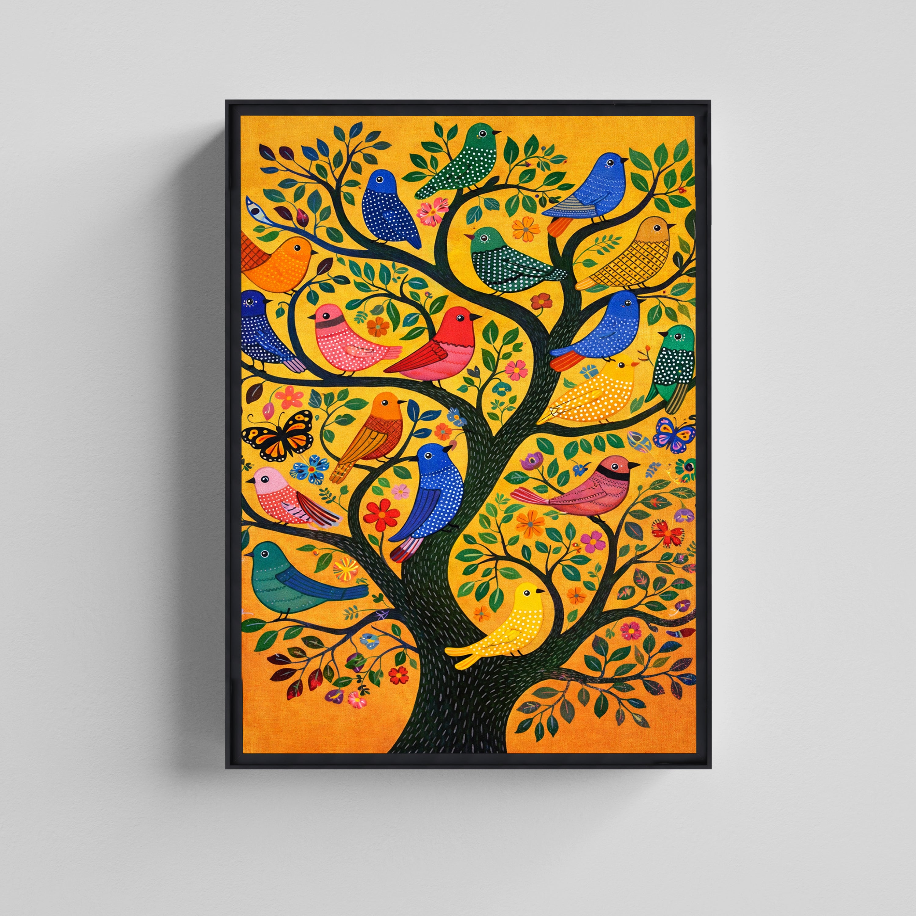 Birds on Tree Folk Art Canvas Painting for Living Room