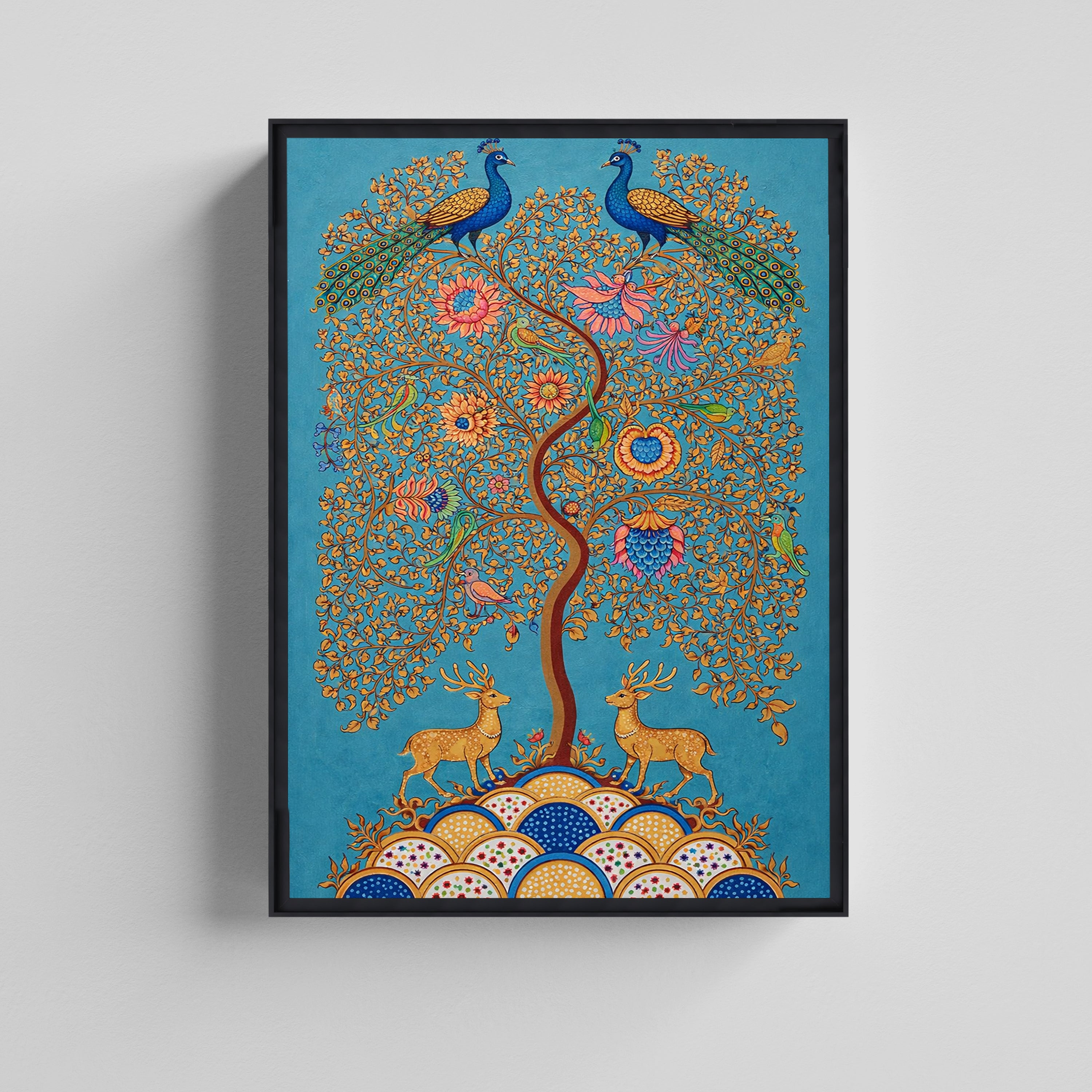 Tree of Life with Peacocks & Deer Kalamkari Art Canvas Painting