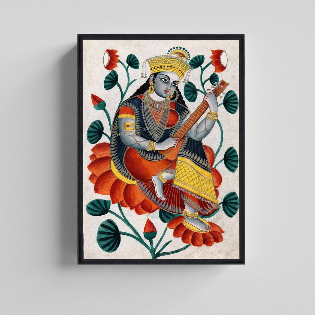 Goddess Saraswati with Veena Kalighat Art Canvas Painting