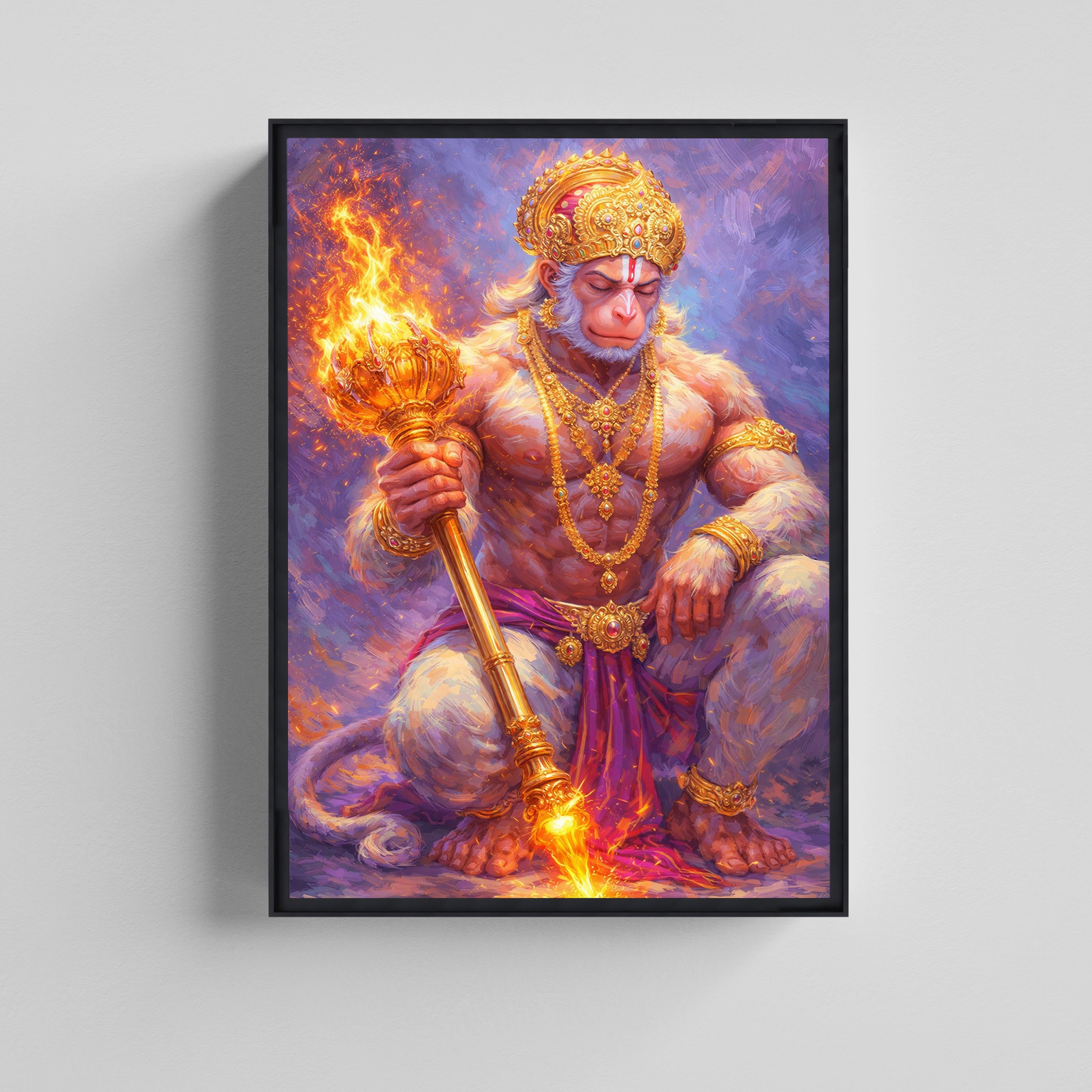 DivINe Lord Hanuman with FlamINg Gada Canvas Painting