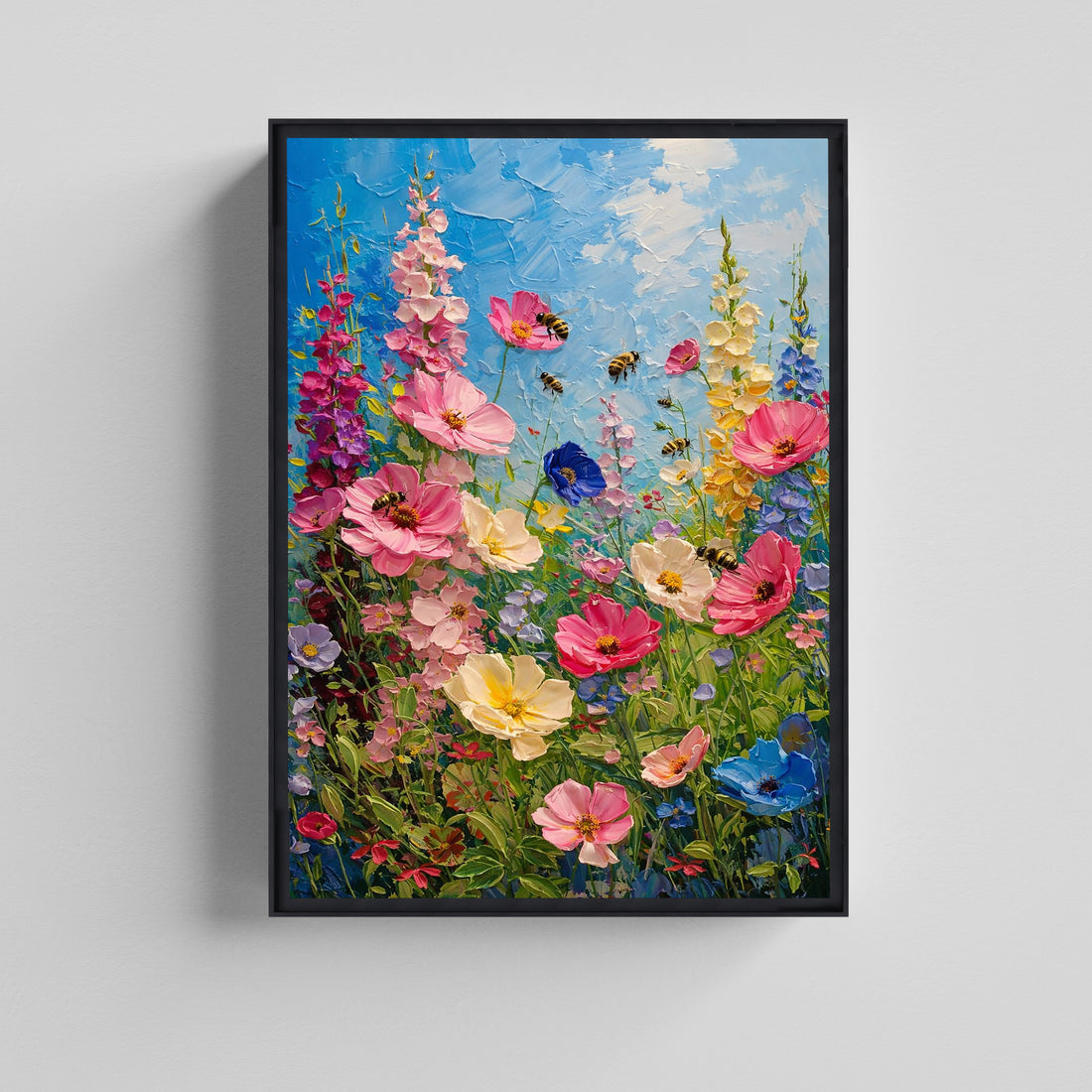 Wildflower Meadow with Bees Vibrant Floral Art Canvas Painting