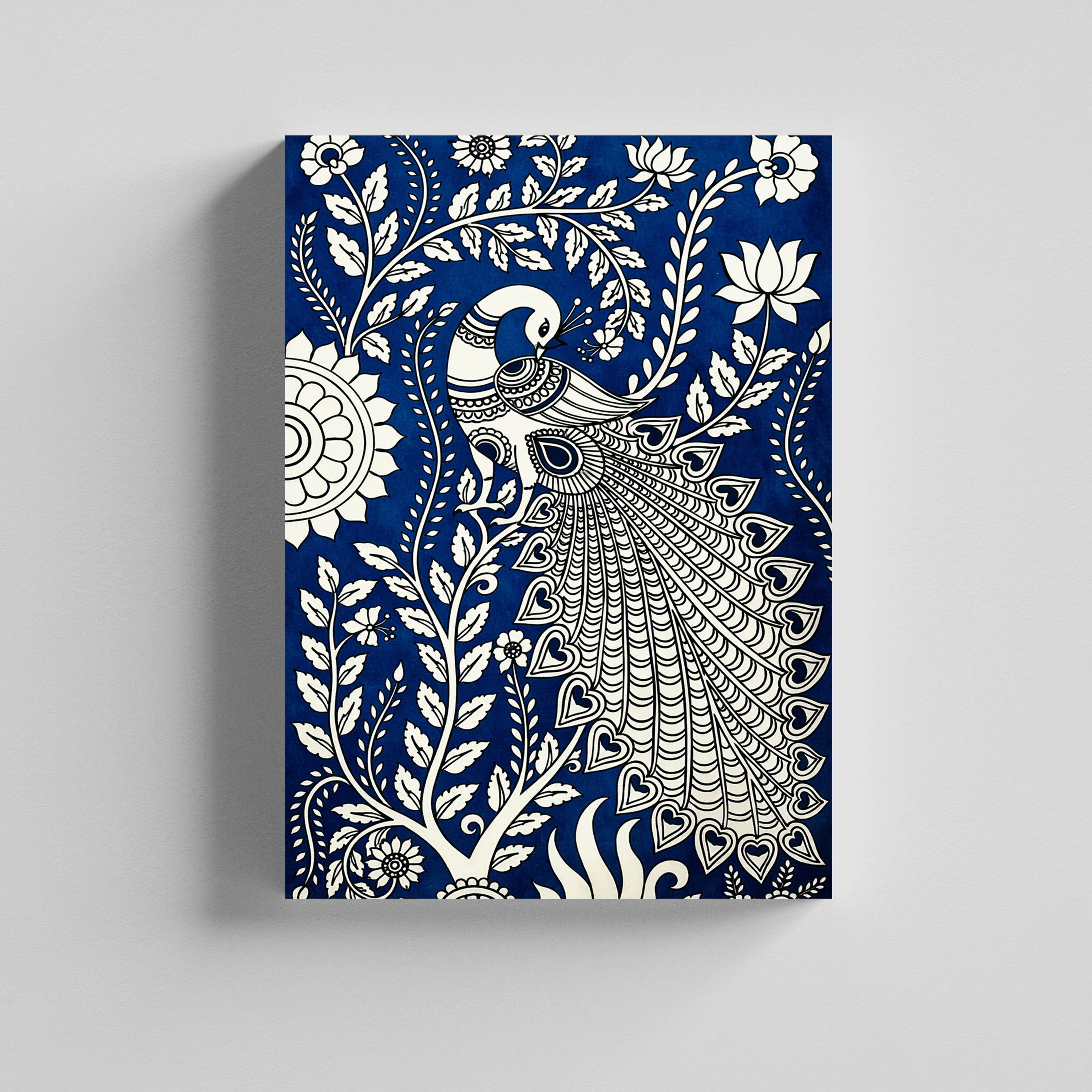 Peacock Royal Blue Traditional Indian Folk  Kalamkari Art Canvas Painting