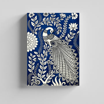 Peacock Royal Blue Traditional Indian Folk  Kalamkari Art Canvas Painting