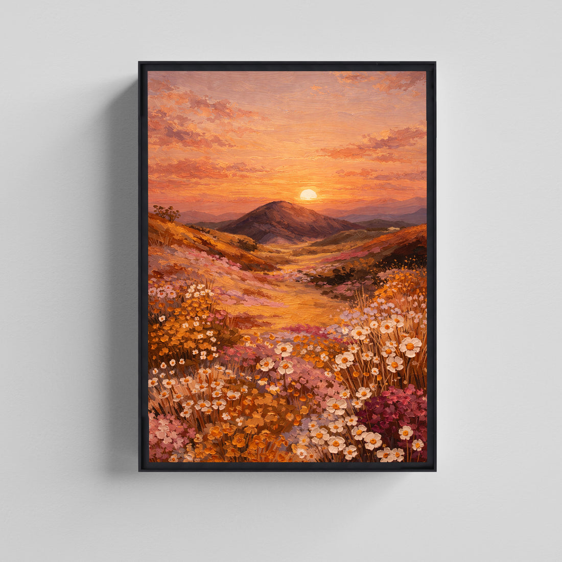 Golden Dusk Mountain & Wildflower Floral Art Canvas Painting