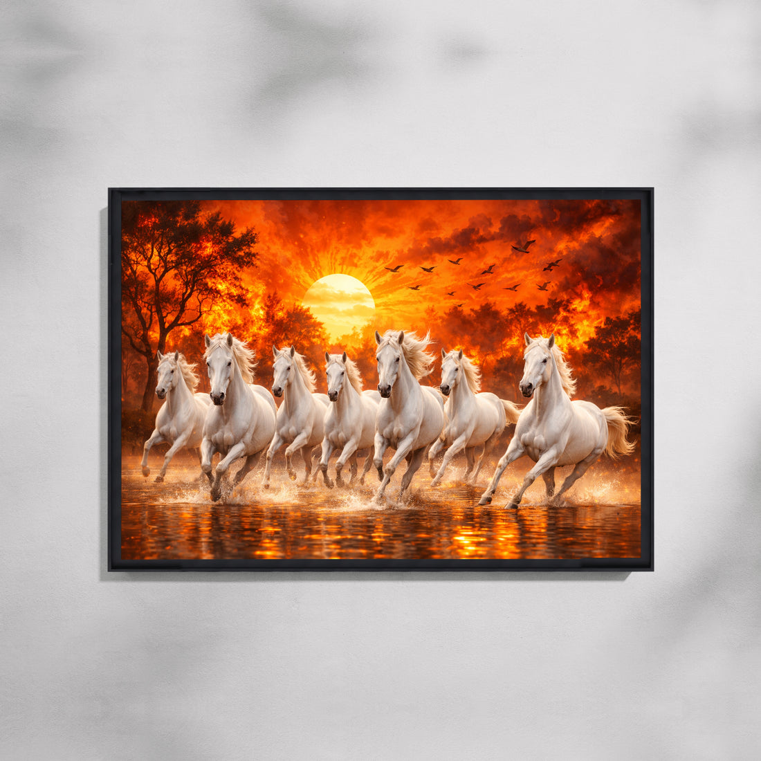Gallop at Dusk White Horses at Sunset Wildlife Canvas Painting
