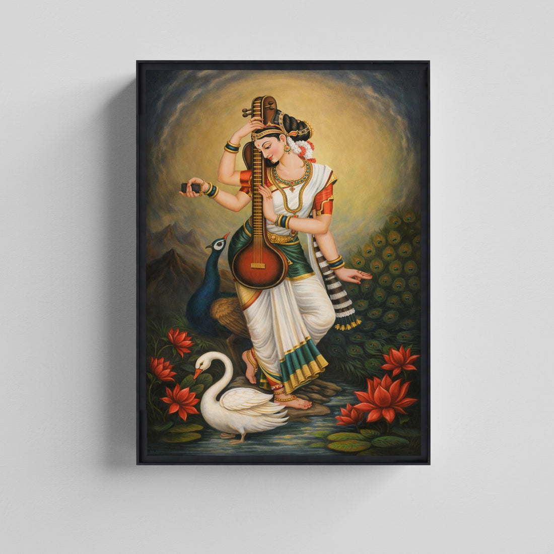 Goddess Saraswati with Veena Classical INdian Kalighat Art Canvas Painting