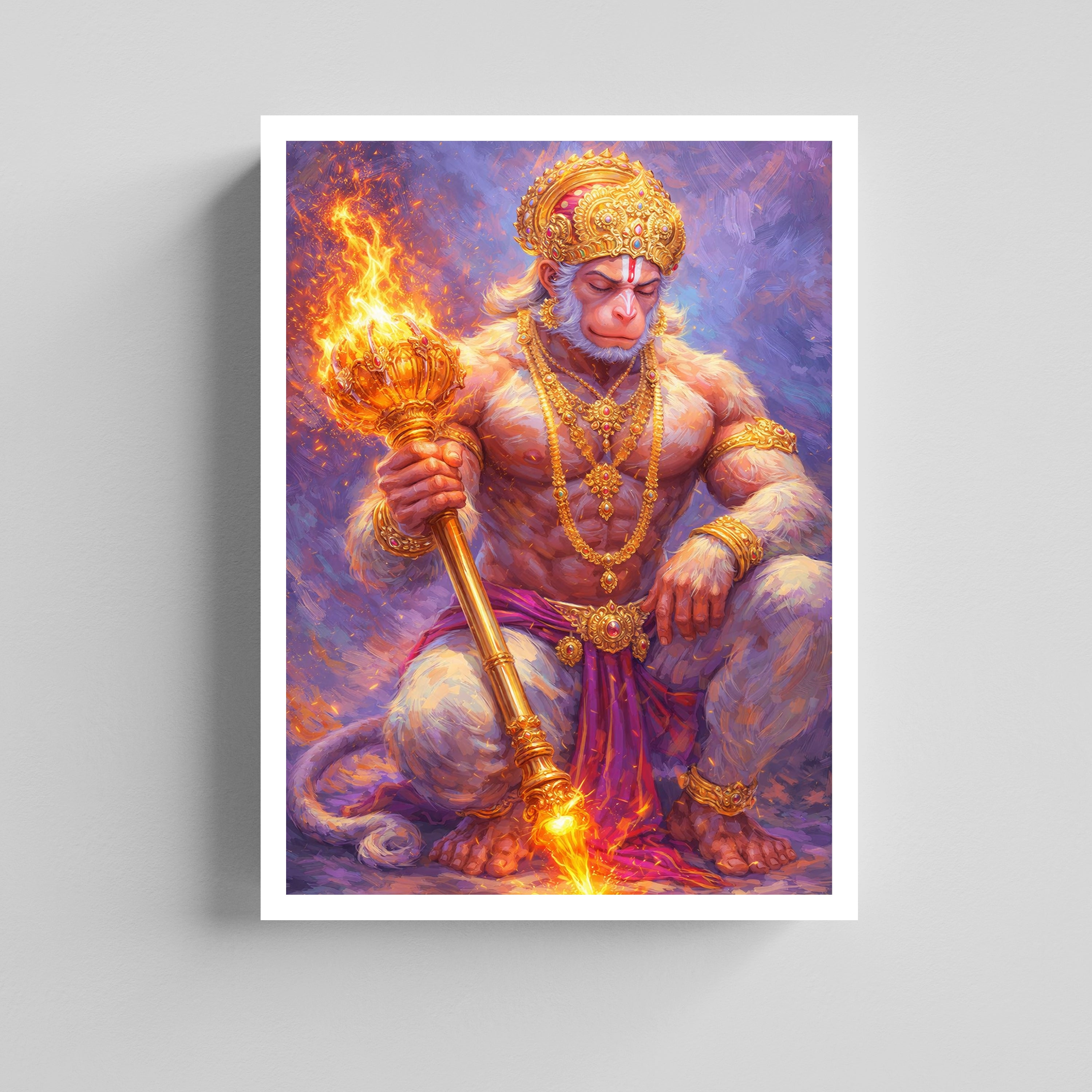 DivINe Lord Hanuman with FlamINg Gada Canvas Painting