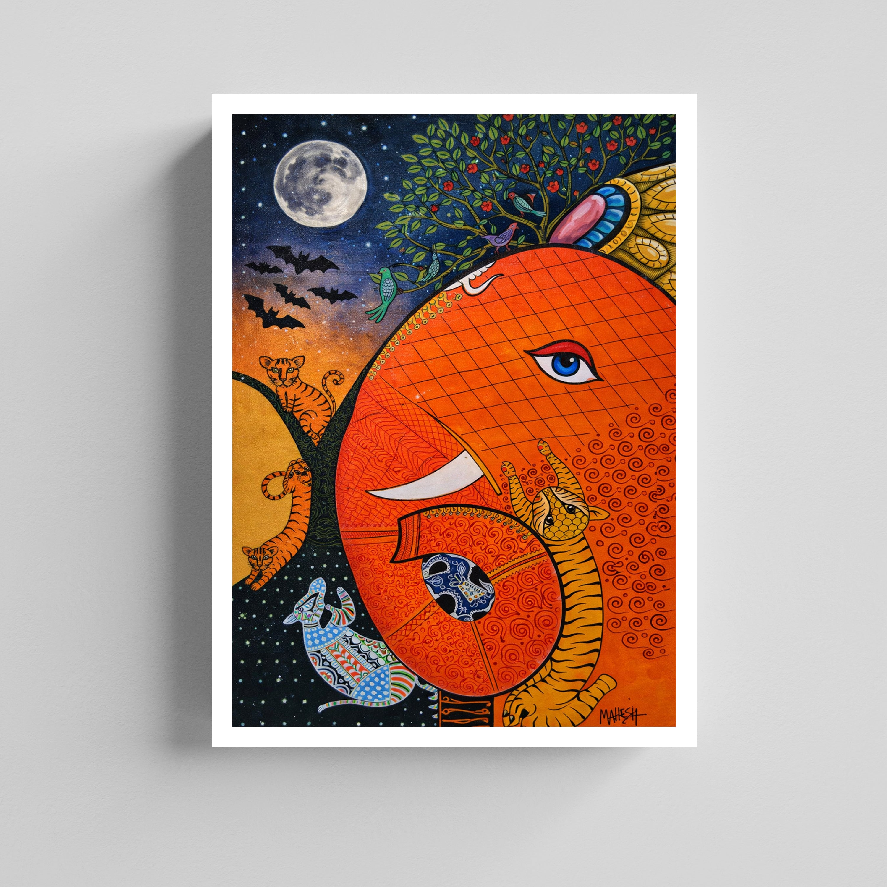 Vibrant Folk Art Wildlife Illustration Canvas Painting for Living Room