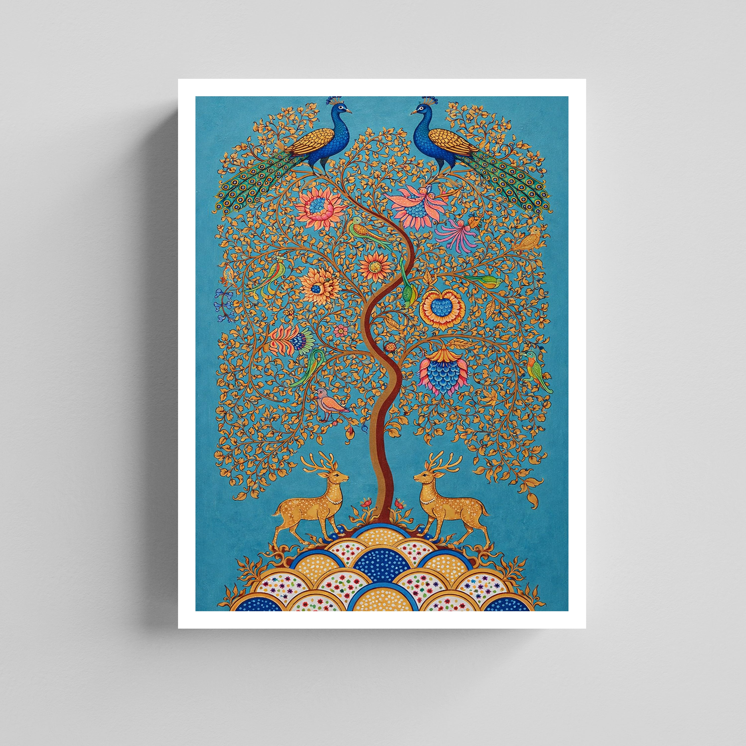 Tree of Life with Peacocks & Deer Kalamkari Art Canvas Painting