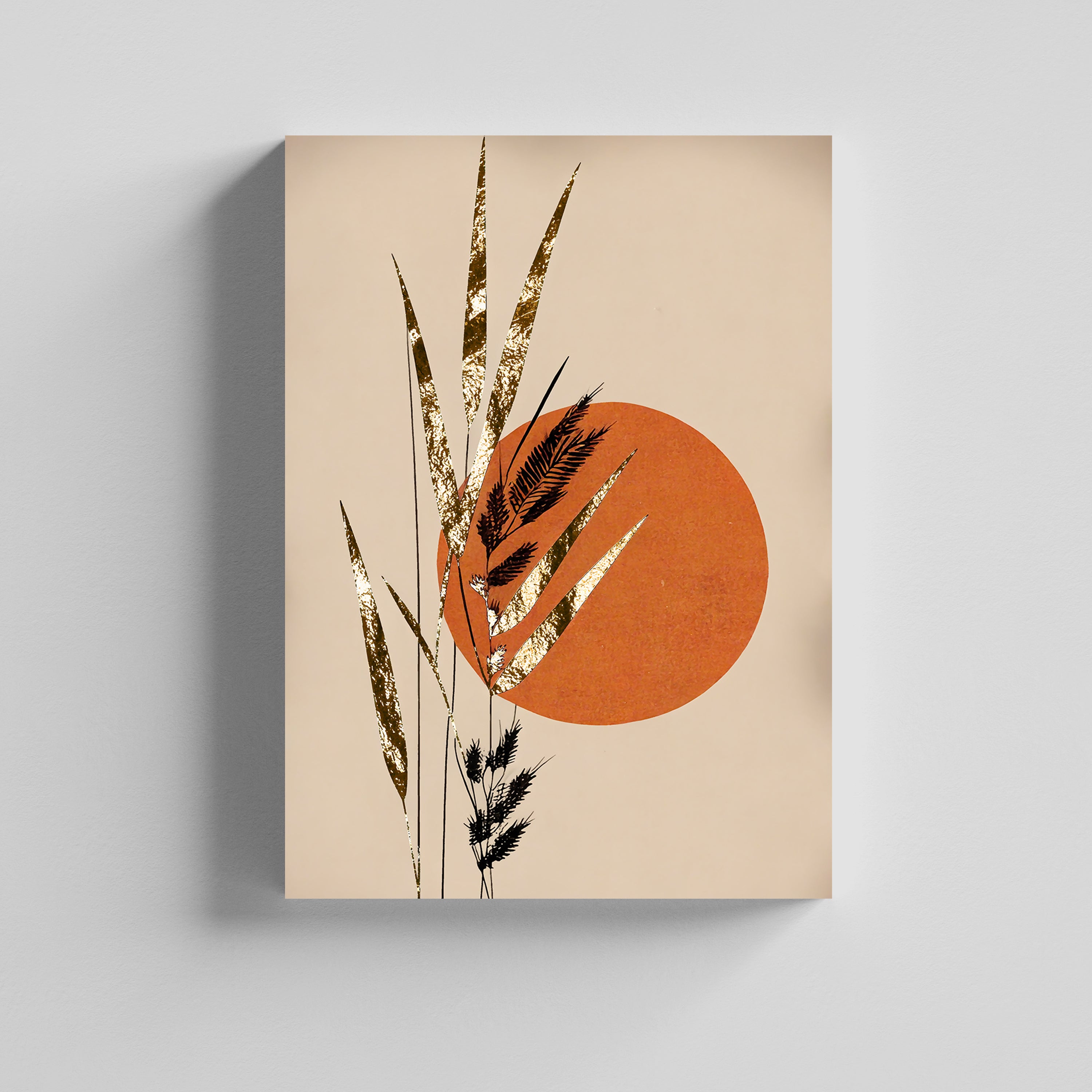 Golden Leaf Canvas with Terracotta Sun  Painting Canvas Boho Art