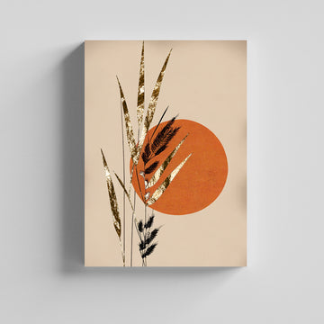 Golden Leaf Canvas with Terracotta Sun  Painting Canvas Boho Art