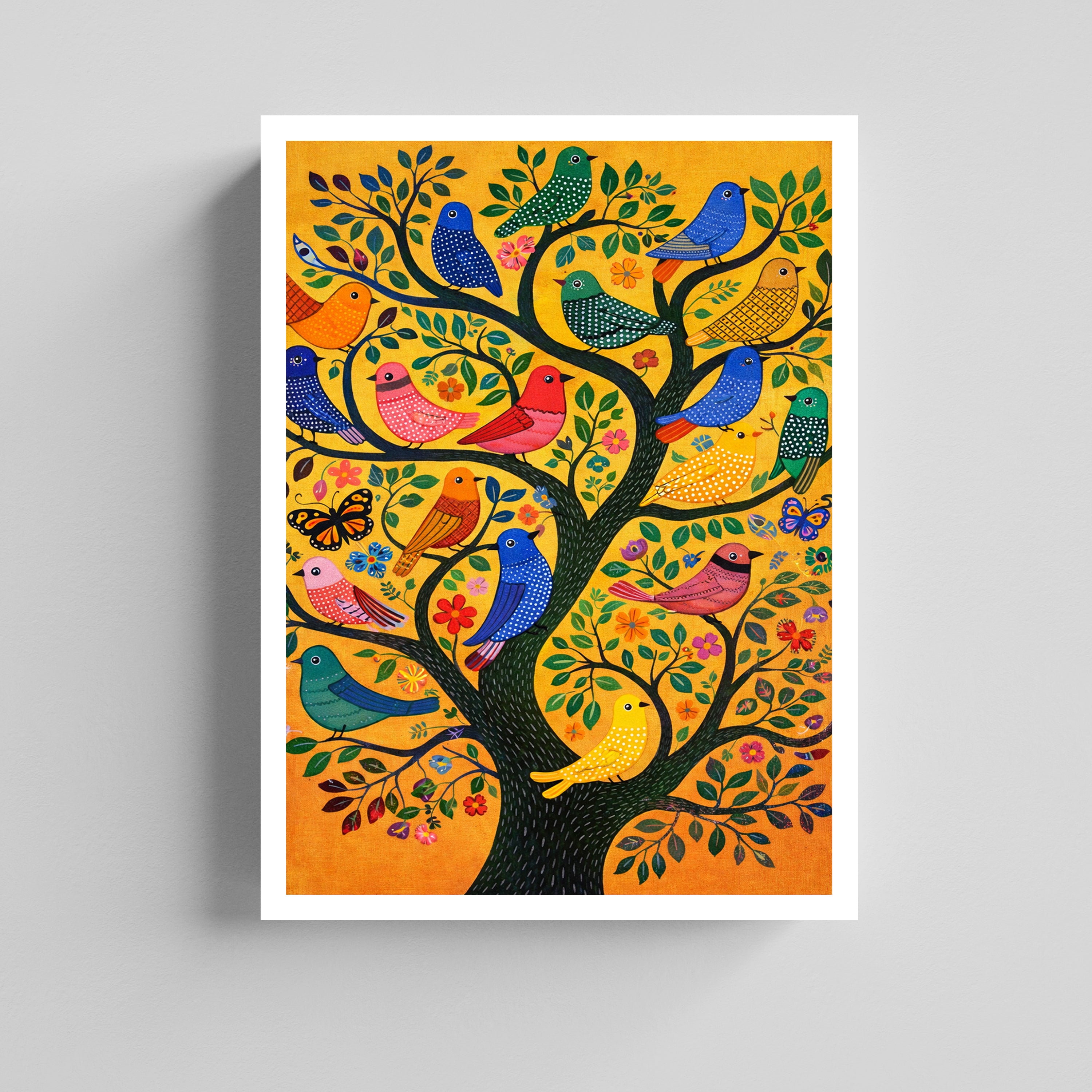 Birds on Tree Folk Art Canvas Painting for Living Room